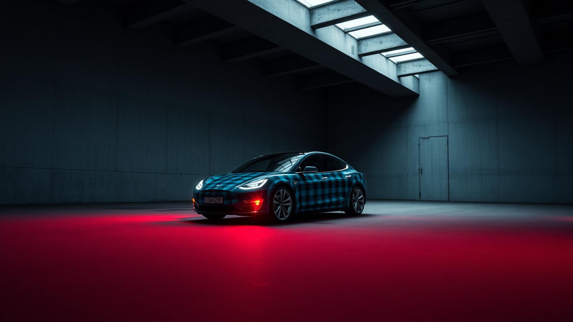 Tesla Model S in a minimalist concrete hangar